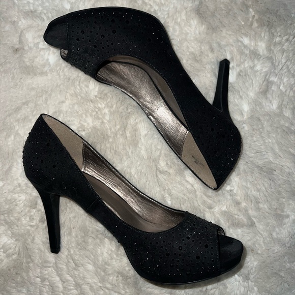 Dress Barn Shoes - Dress Barn Sabina Black Peep-Toe 3” Heels with Rhinestones NWOT